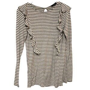 White Birch Women's Long Sleeve Top Tan Black Striped Size Medium Ruffles